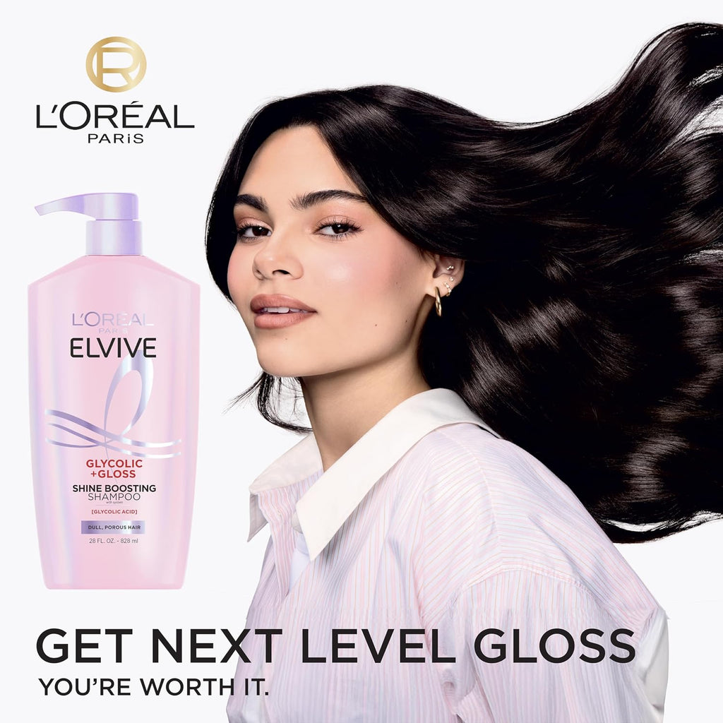 L'Oreal Paris Elvive Glycolic + Gloss Shine Boosting Shampoo And Conditioner Set, Cleanses And Smooths Dull, Porous Hair Into High-Shine, Glossy Hair, 56 Fl Oz Set