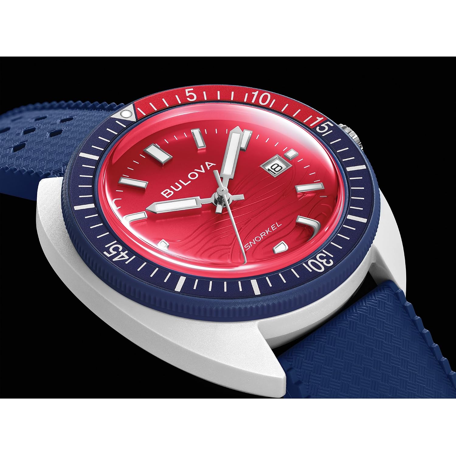 Bulova Men'S Snorkel - America'S 250Th Sail 4Th Special Edition: 41Mm White Hybrid-Ceramic Case With A Blue Rubber Strap & Red Dial (Style: 98B474)