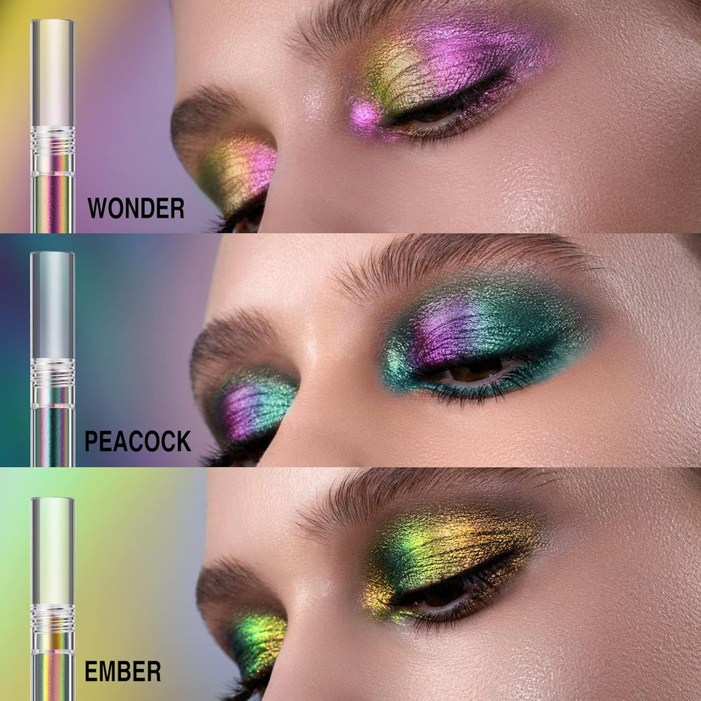 Metallic Liquid Chameleon Eyeshadow, Multi-Dimensional Eye Looks, Long-lasting Holographic Glitter Multichrome Eyeshadows Makeup (#Peacock+Wonder+Ember)