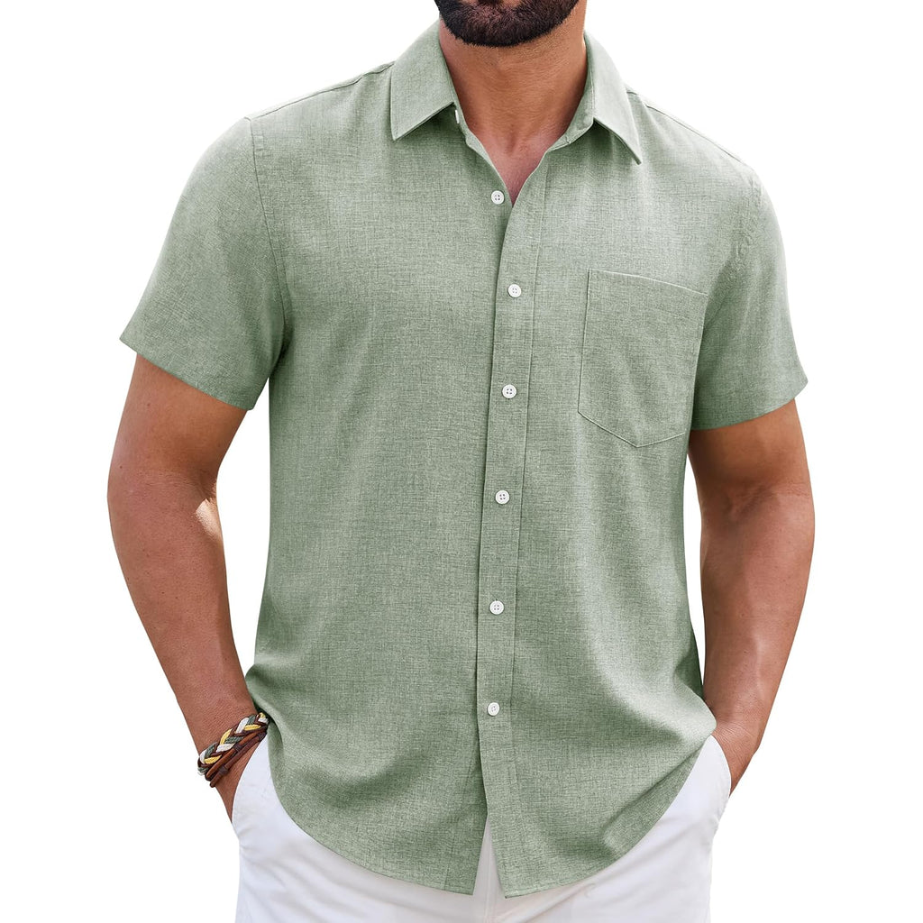 Mens Linen Shirt Short Sleeve Wrinkle Free Casual Untucked Button Down Shirts Beach Breathable Tops Summer