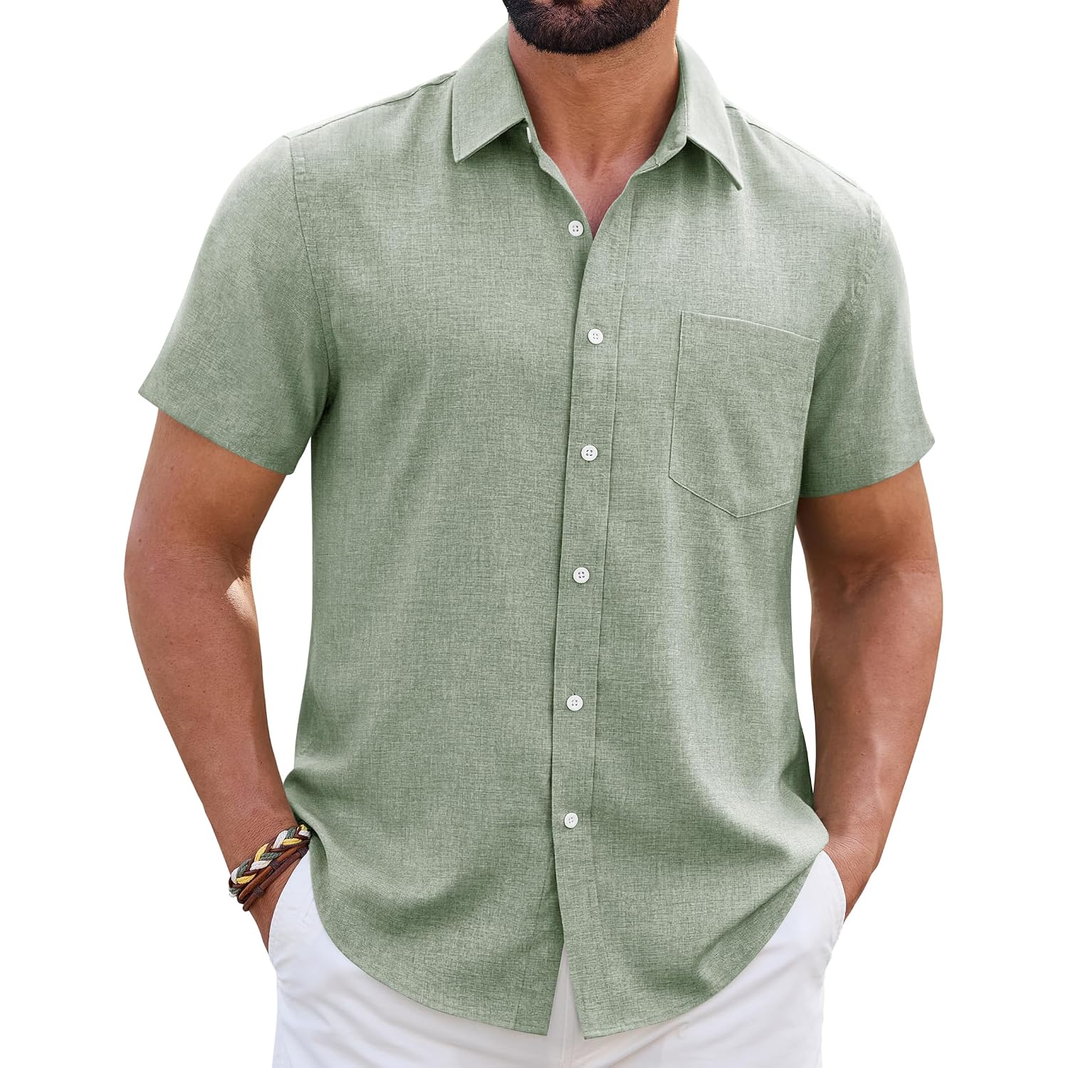 Mens Linen Shirt Short Sleeve Wrinkle Free Casual Untucked Button Down Shirts Beach Breathable Tops Summer