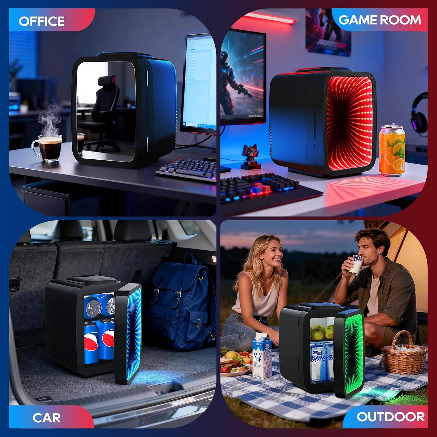 Mini Fridge, 4L/6 Can Small Fridge With Dimmable Gaming Light For Bedroom,Office,Gaming Room And Car,Ac/Dc Portable Thermoelectric Cooler & Warmer For Food, Drinks, Skincare,Black