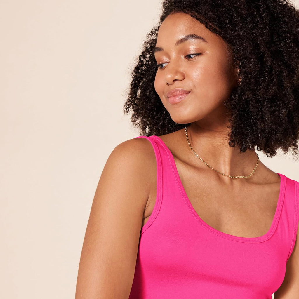 Amazon Essentials Women's Slim-Fit Scoop Neck Tank Top, Pack of 2, Bright Pink/Grey Heather, Large