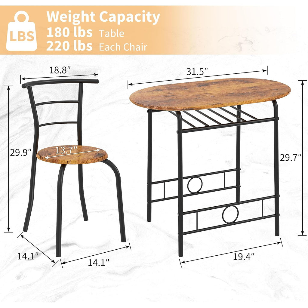 Vecelo 3-Piece Dining Table Set For Kitchen Breakfast Nook, Wood Grain Oval Tabletop And Metal Frame With Built-In Wine Rack, For Small Spaces, Antique Brown & Black