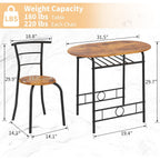 Vecelo 3-Piece Dining Table Set For Kitchen Breakfast Nook, Wood Grain Oval Tabletop And Metal Frame With Built-In Wine Rack, For Small Spaces, Antique Brown & Black