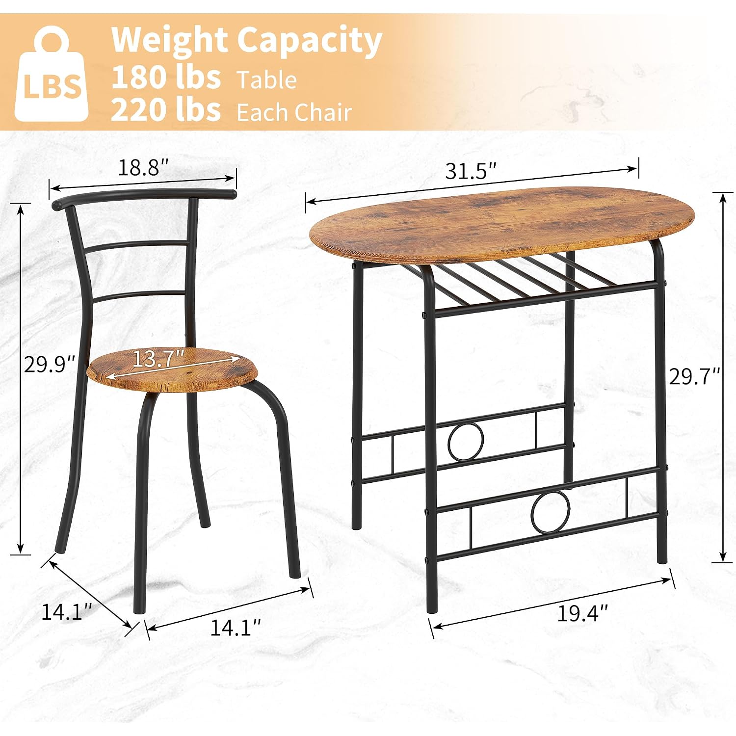 Vecelo 3-Piece Dining Table Set For Kitchen Breakfast Nook, Wood Grain Oval Tabletop And Metal Frame With Built-In Wine Rack, For Small Spaces, Antique Brown & Black