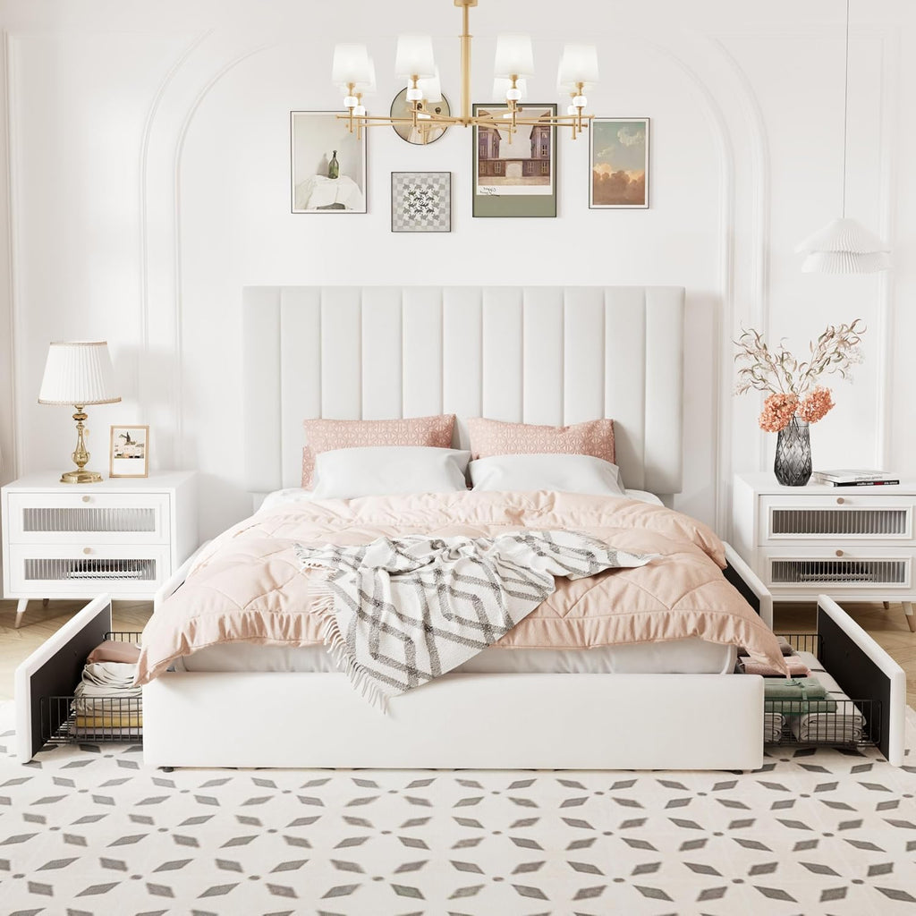 Allewie Queen Size Storage Bed Frame, Vertical Channel Tufted Adjustable Headboard, Velvet Upholstered Platform Bed With 4 Oversized Underbed Drawers, Wooden Slats Support, No Box Spring Needed, White