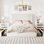 Allewie Queen Size Storage Bed Frame, Vertical Channel Tufted Adjustable Headboard, Velvet Upholstered Platform Bed With 4 Oversized Underbed Drawers, Wooden Slats Support, No Box Spring Needed, White
