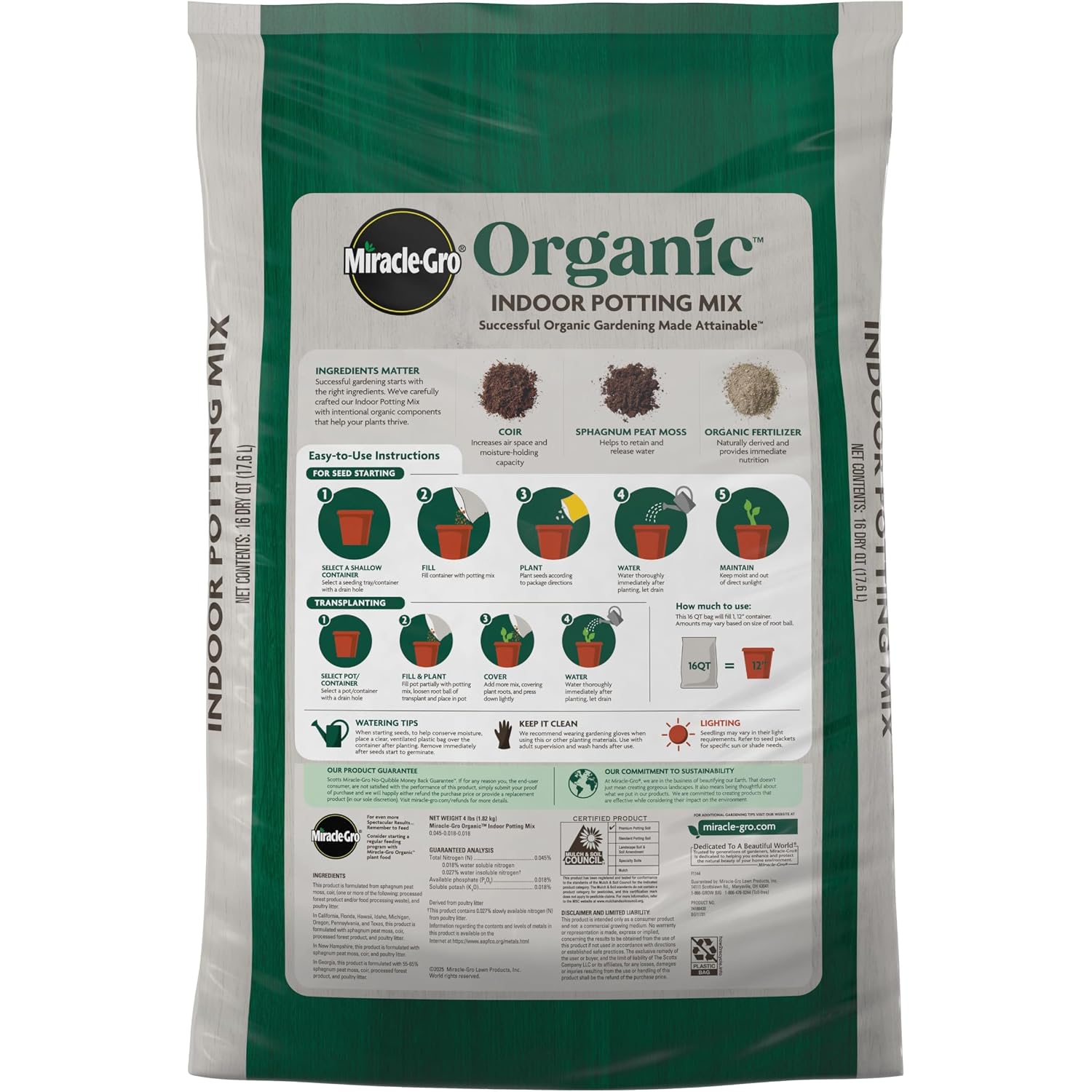 Miracle-Gro Organic Indoor Potting Mix, 16 Qt. | Protects Against Over & Under Watering, Planting Soil For Indoor Container Plants, Houseplants & Starter Plants, Omri Listed