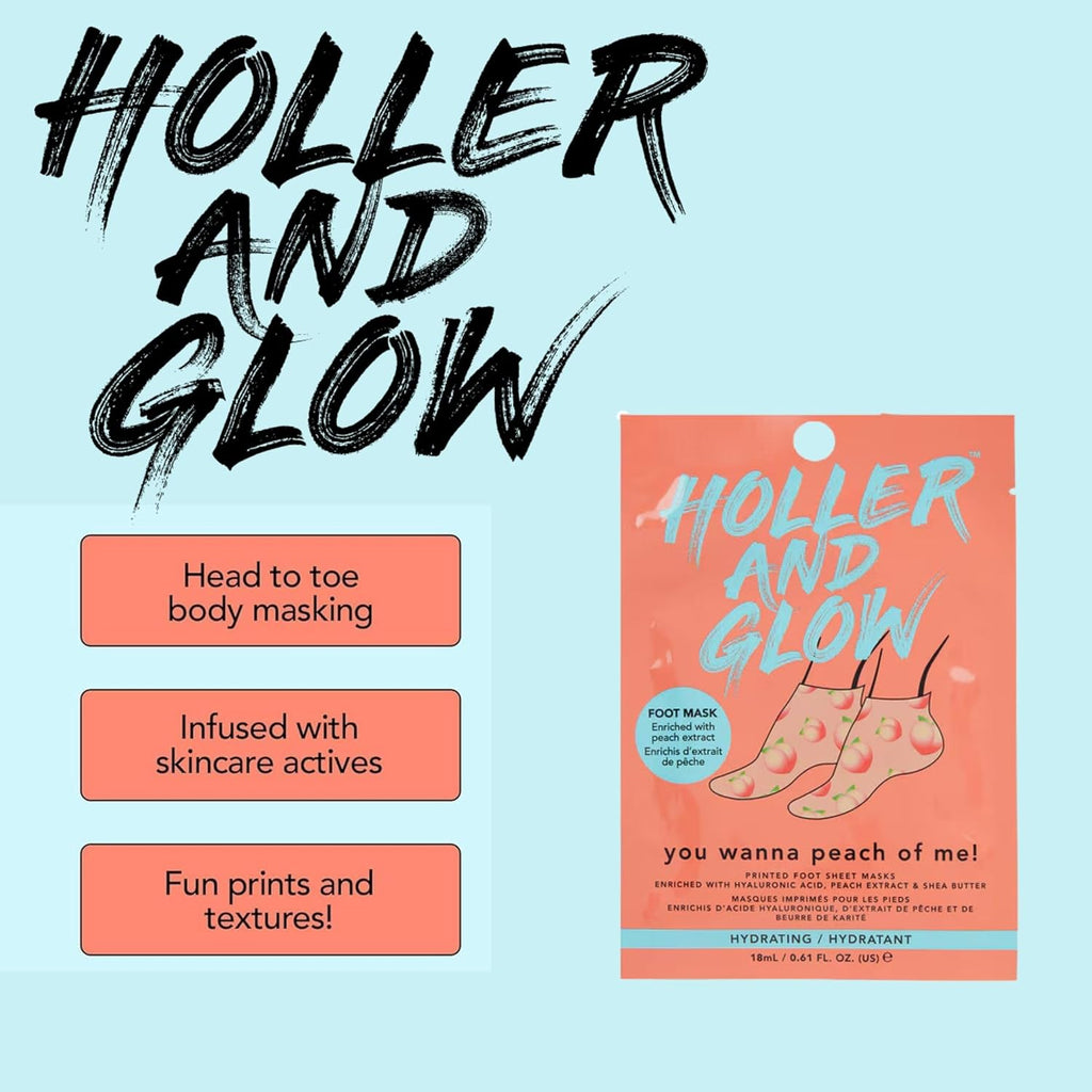 Holler And Glow Printed Foot Mask Variety Pack, Masks For Dry Cracked Feet, Peach & Vanilla Scented, Infused With Hyaluronic Acid, Hydrating Foot Care Treatment, Moisturizing Socks, 6 Piece Set