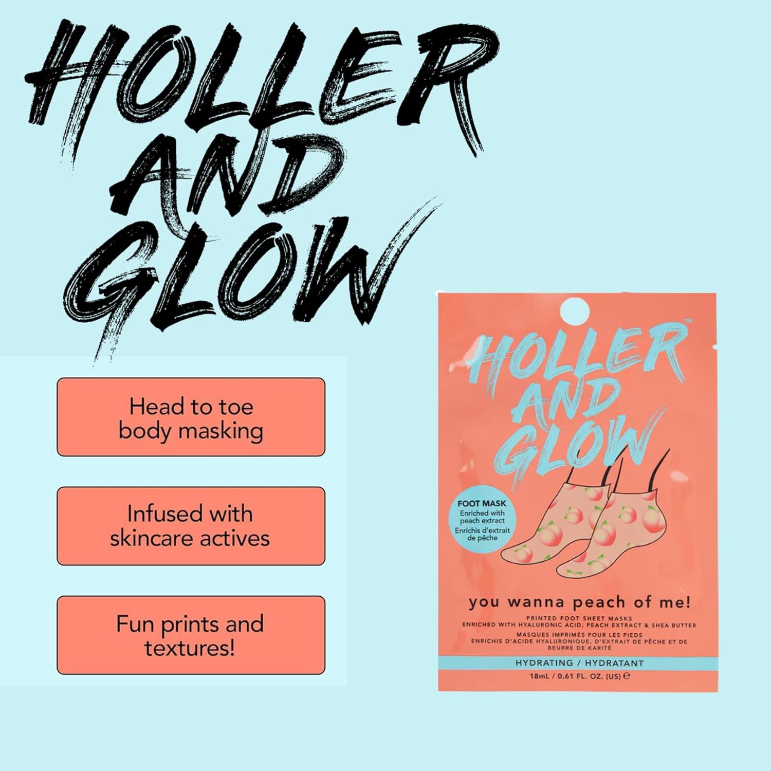 Holler And Glow Printed Foot Mask Variety Pack, Masks For Dry Cracked Feet, Peach & Vanilla Scented, Infused With Hyaluronic Acid, Hydrating Foot Care Treatment, Moisturizing Socks, 6 Piece Set