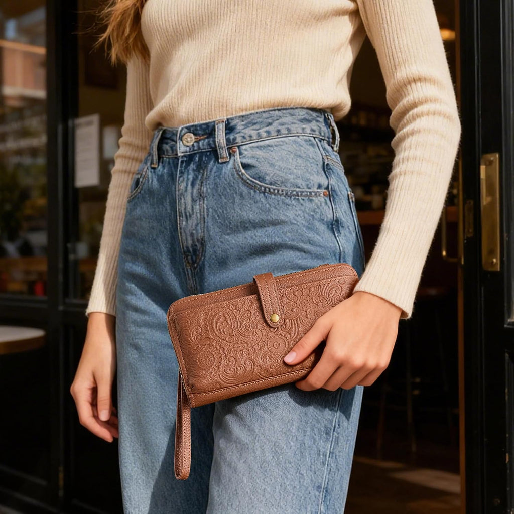 Befen Leather Wristlet Wallet For Women Cell Phone Purse With Built In Wallet Vintage Leather Crossdody Bag Clutch Purse
