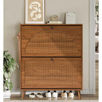 Fsbecl Shoe Storage Cabinet For Entryway With 2 Flip Drawers, Narrow Wood Shoe Cabinet With Fluted Panel, Freestanding Hidden Shoe Organizer For Foyer, Hallway (Walnut)