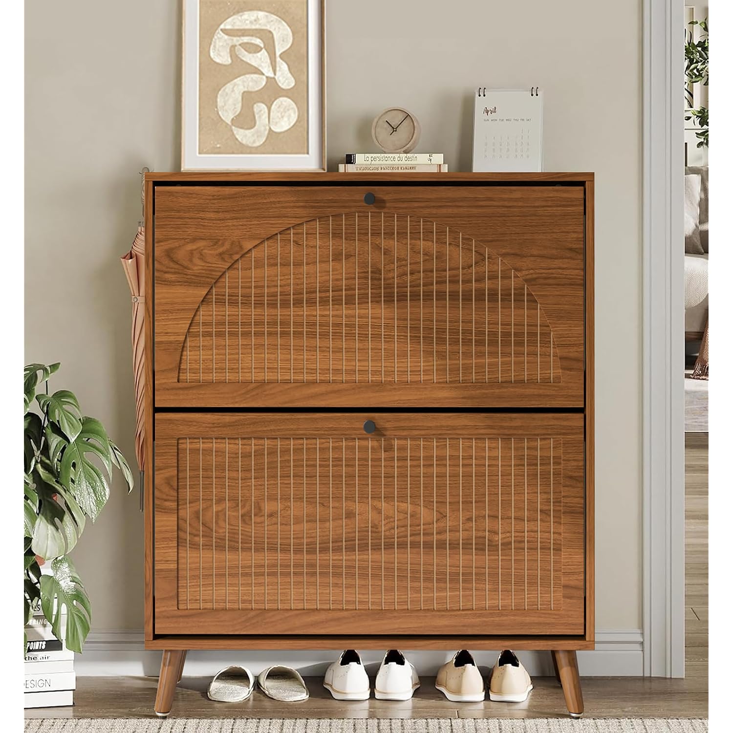 Fsbecl Shoe Storage Cabinet For Entryway With 2 Flip Drawers, Narrow Wood Shoe Cabinet With Fluted Panel, Freestanding Hidden Shoe Organizer For Foyer, Hallway (Walnut)