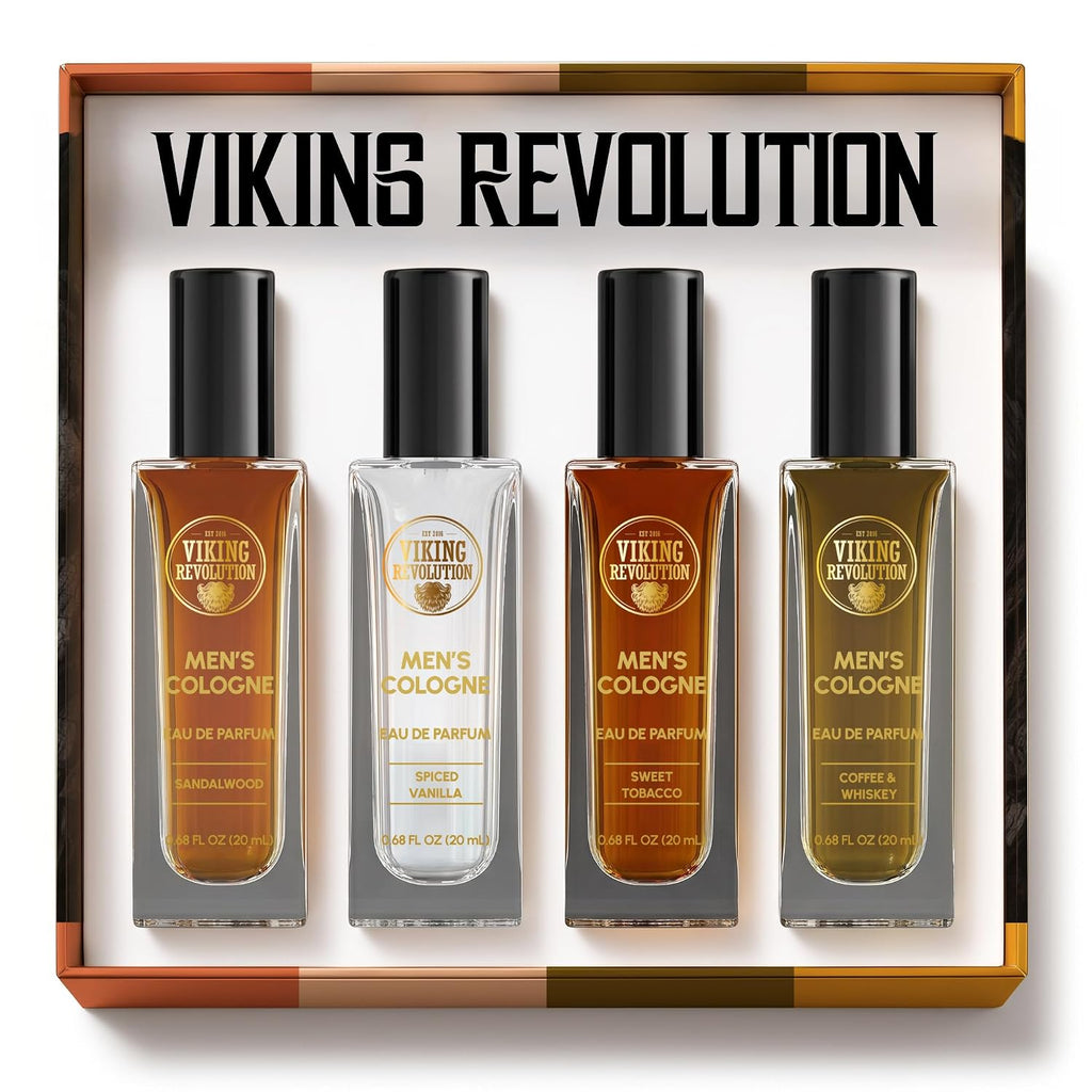 Viking Revolution Mens Cologne Sampler Sets - Travel Size Cologne For Men With Sandalwood, Spiced Vanilla, Coffee & Whiskey, Sweet Tobacco - Perfume Gift Set (4 Pack, 0.68Fl Oz Each)