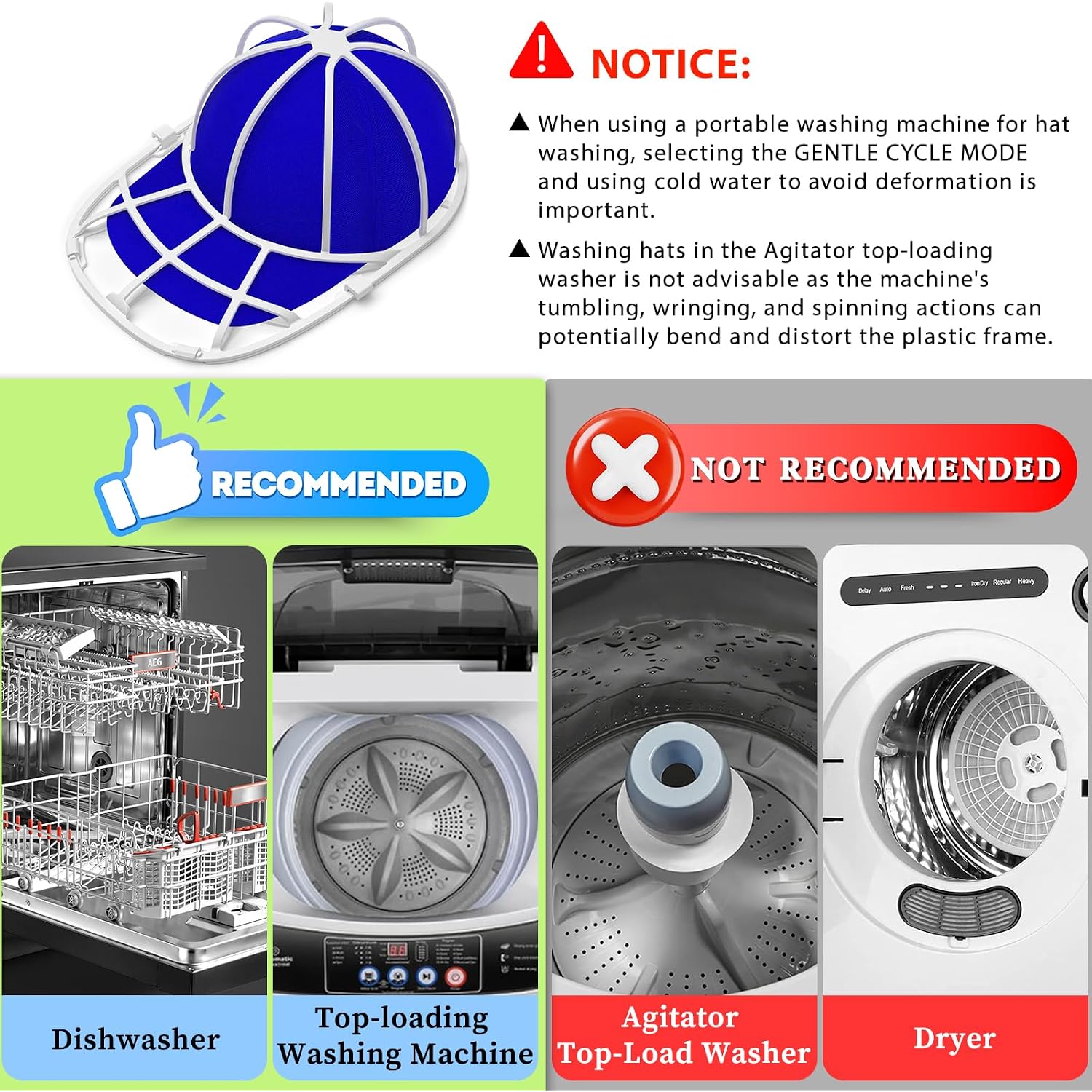 Haiou Hat Washer Cage - Protect Shape & Prevent Damage In Washing Machine/Dishwasher, Fits All Baseball Caps，White (4 Pack)