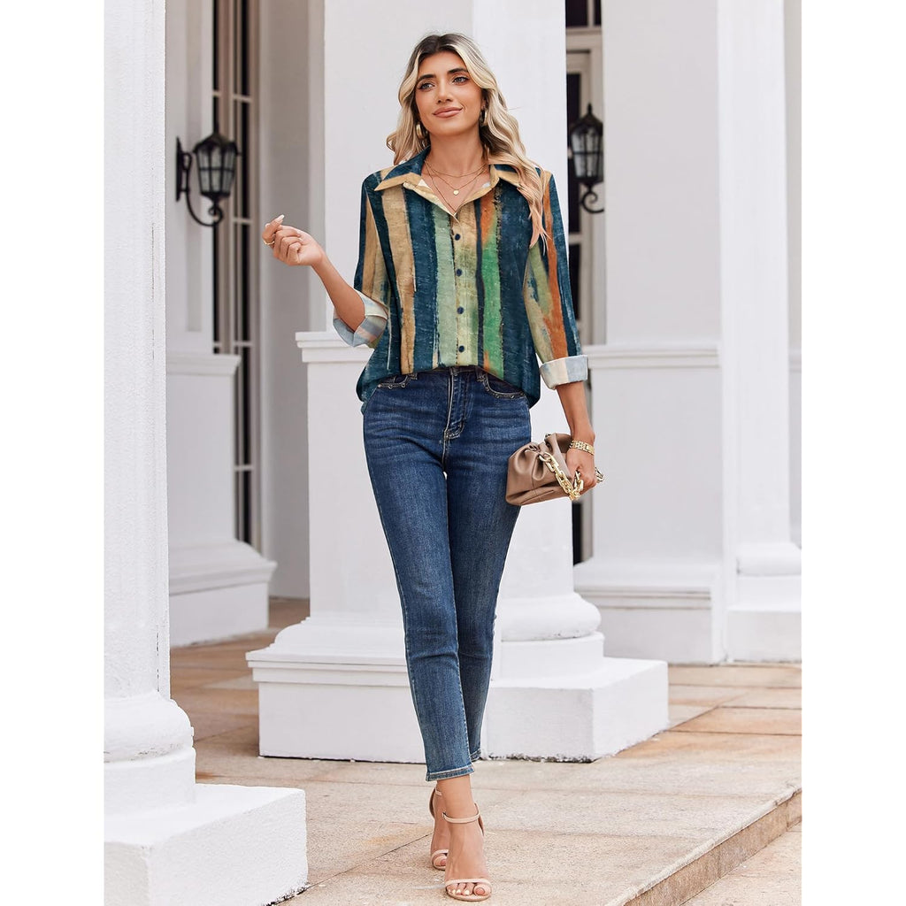 Blouse for Women Dressy Long Sleeve Button Down Shirts Business Casual Outfit Lightweight Solid/Printed Tops