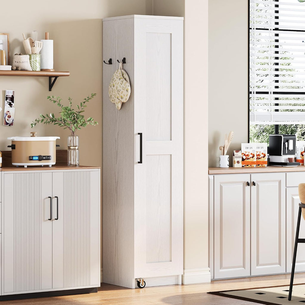 Ironck Narrow Kitchen Pantry Cabinet, 72" H,Slim For Small Place, White | Single Door With 6 Adjustable Shelves, Door Rack And Wheels, Space Saving Freestanding Storage Floor Cabinet