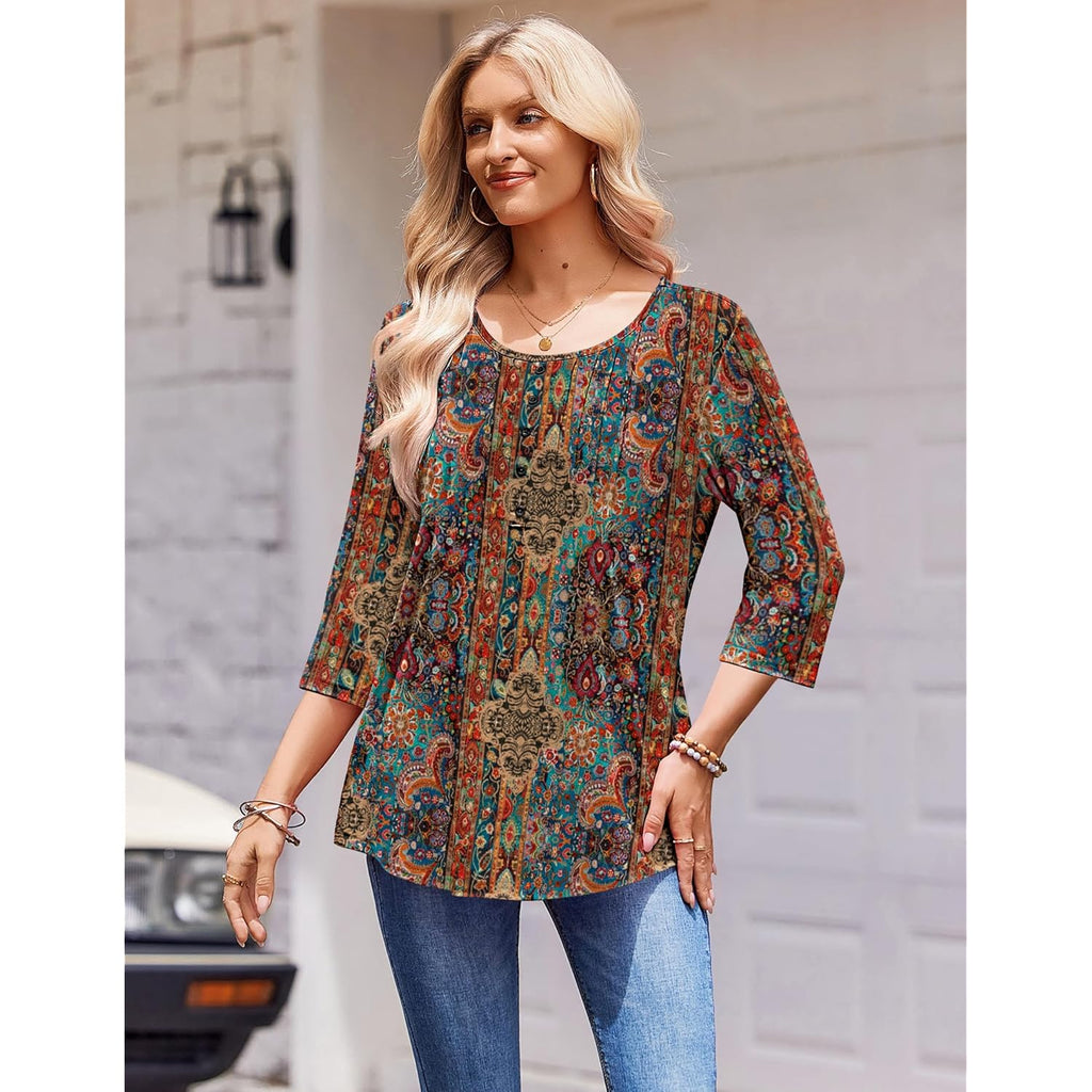 3/4 Length Sleeve Womens Tops Round Neck Casual Summer Tunic Tops Basic Tees Blouses Dressy T-Shirts Pleated Shirts