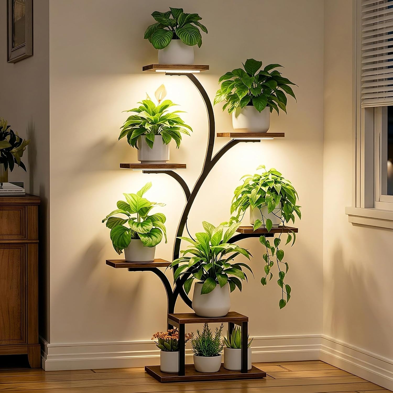 Bacekoll Plant Stand Indoor With Grow Lights, 7 Tiered Indoor Plant Shelf, 49" Corner Plant Stands For Indoor Plants, Metal Plant Flower Display Shelf, Tree-Shaped Plant Rack For Home, Patio, Brown