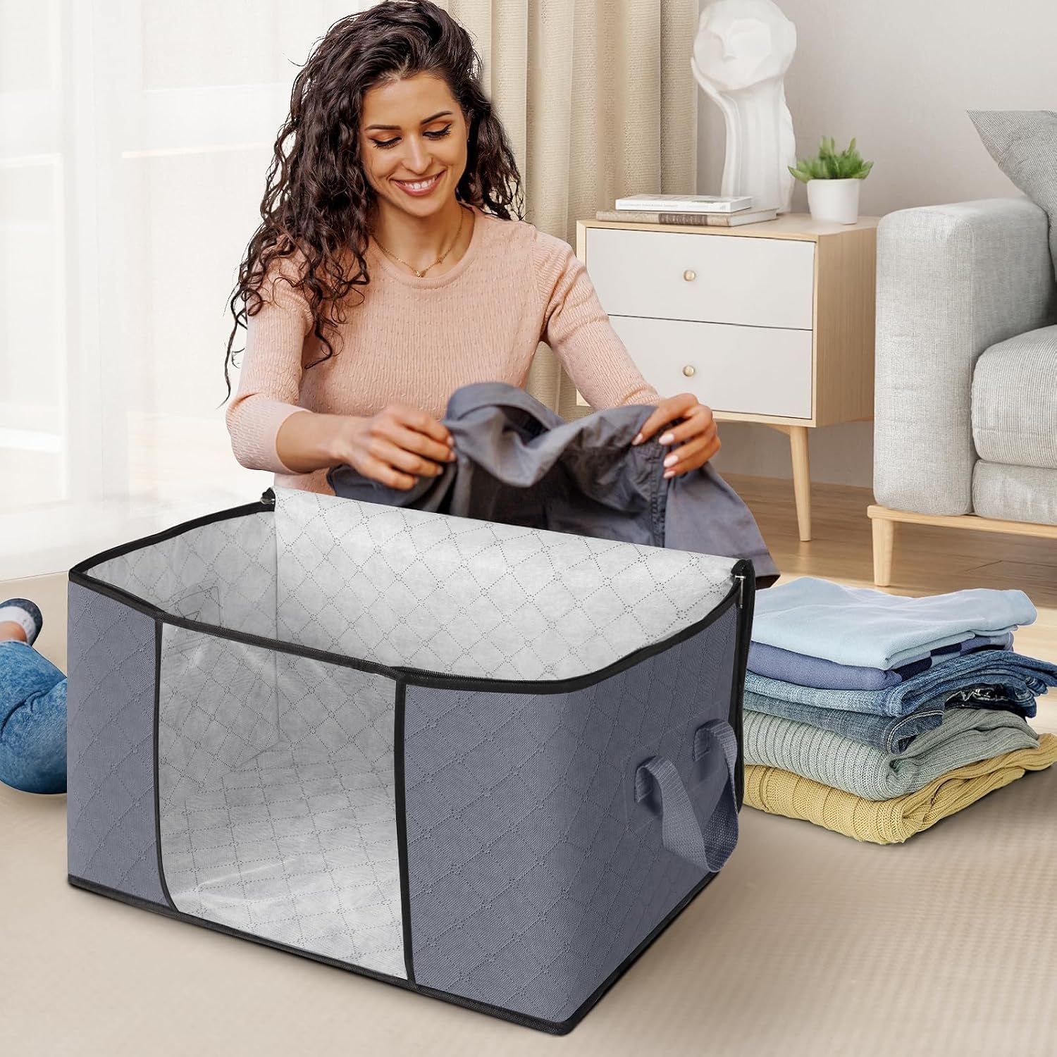 6 Pack Storage Bags For Clothes And Blanket, Foldable Closet Organizers And Storage With Zippers, Clear Window And Handles, Fabric Storage Bins For Sweater, Comforter, Bedding,Linen Sheets