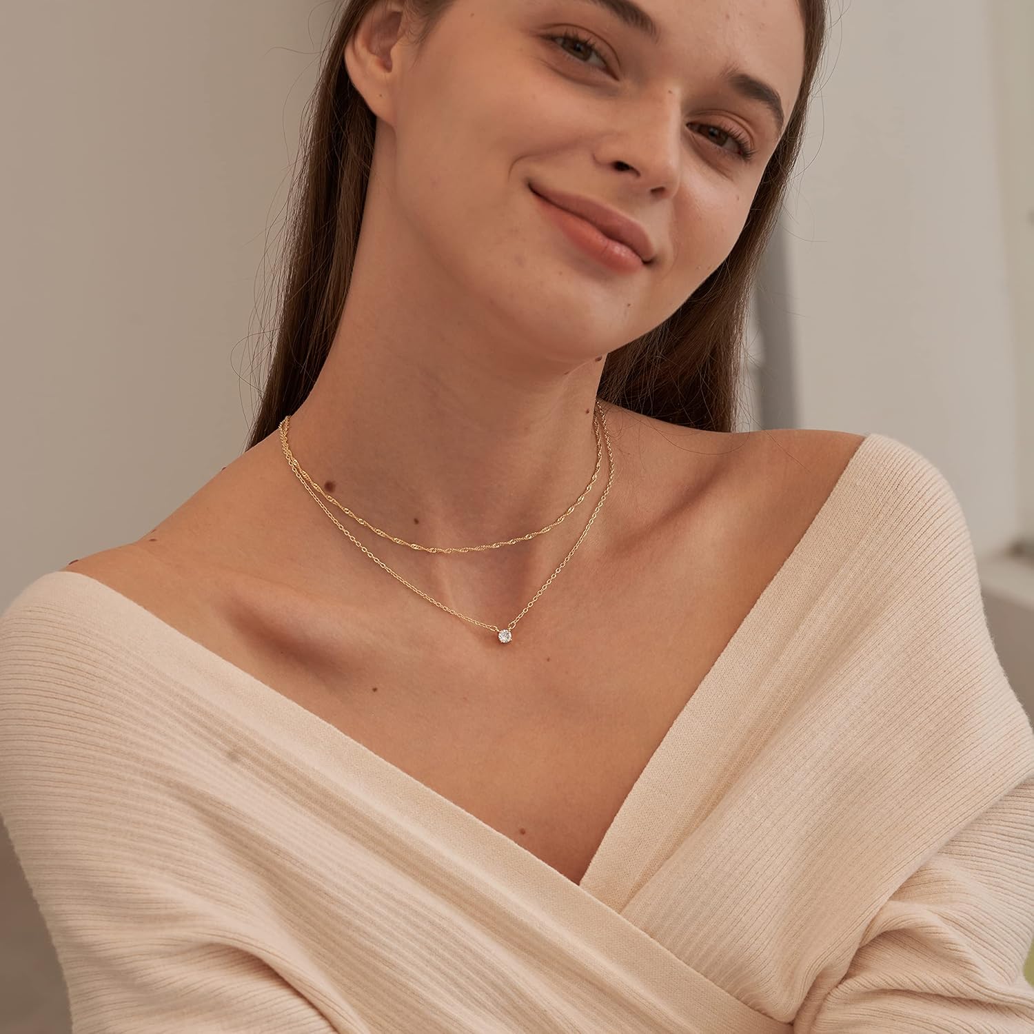NECOCY Layered Gold Necklaces for Women, Dainty Layered Necklace 14k Gold Plated/Silver Cubic Zirconia Necklace Stack, Simple CZ Jewelry Trendy Gifts for Women