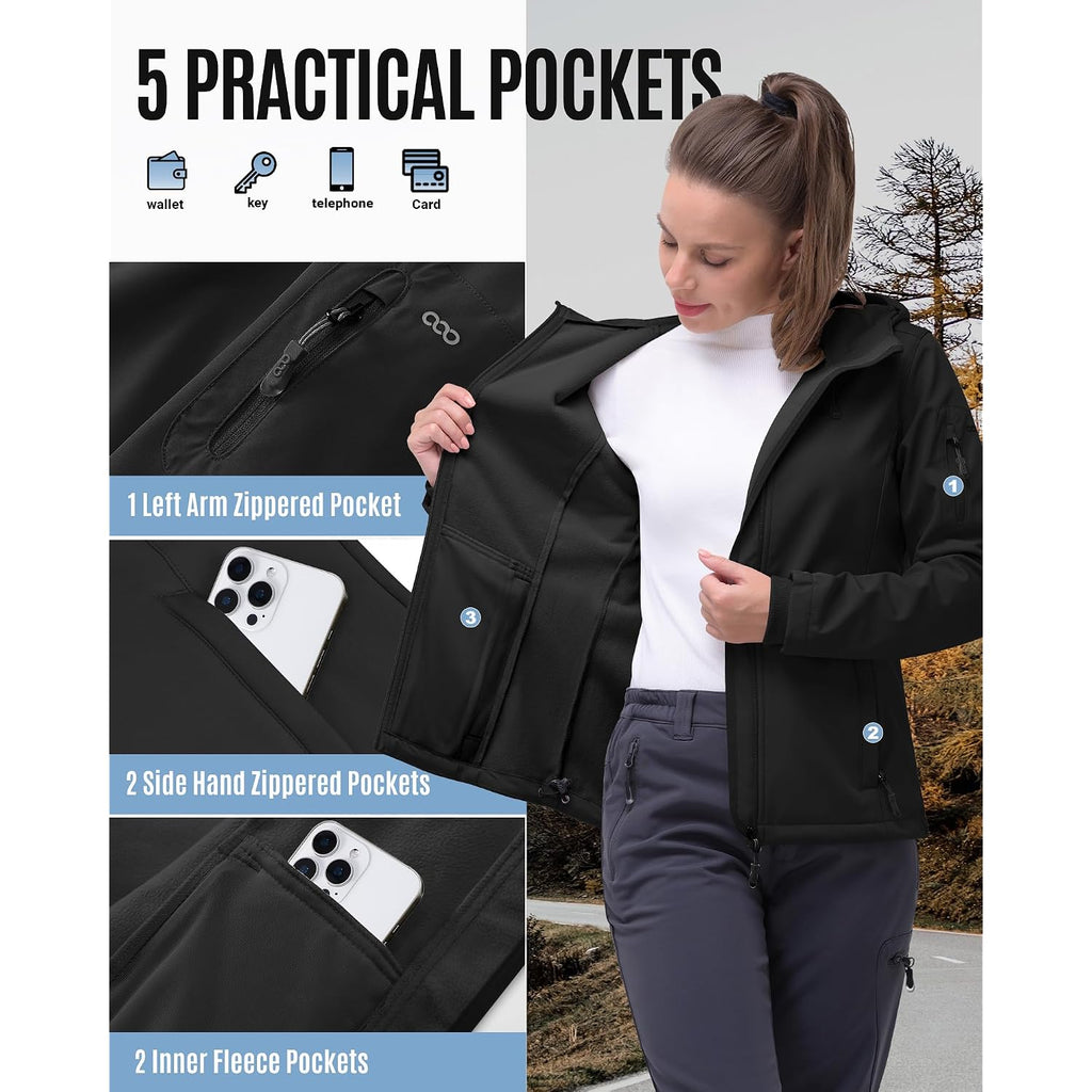 33,000Ft Women'S Softshell Jacket, Fleece Lined Warm Jacket Light Hooded Windproof Coat For Outdoor Hiking