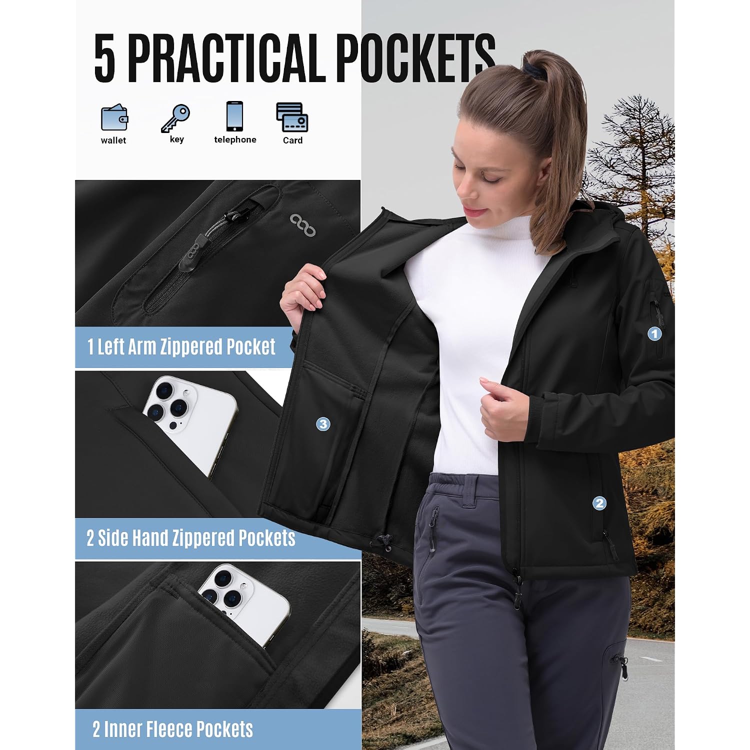 33,000Ft Women'S Softshell Jacket, Fleece Lined Warm Jacket Light Hooded Windproof Coat For Outdoor Hiking