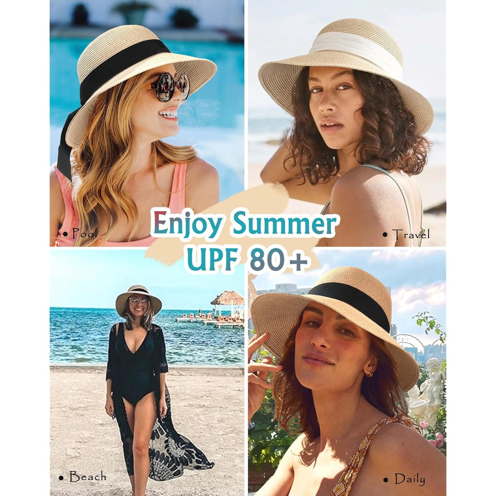 FURTALK Womens Beach Sun Straw Hat UV UPF 80+ Travel Foldable Brim Summer UV Hat