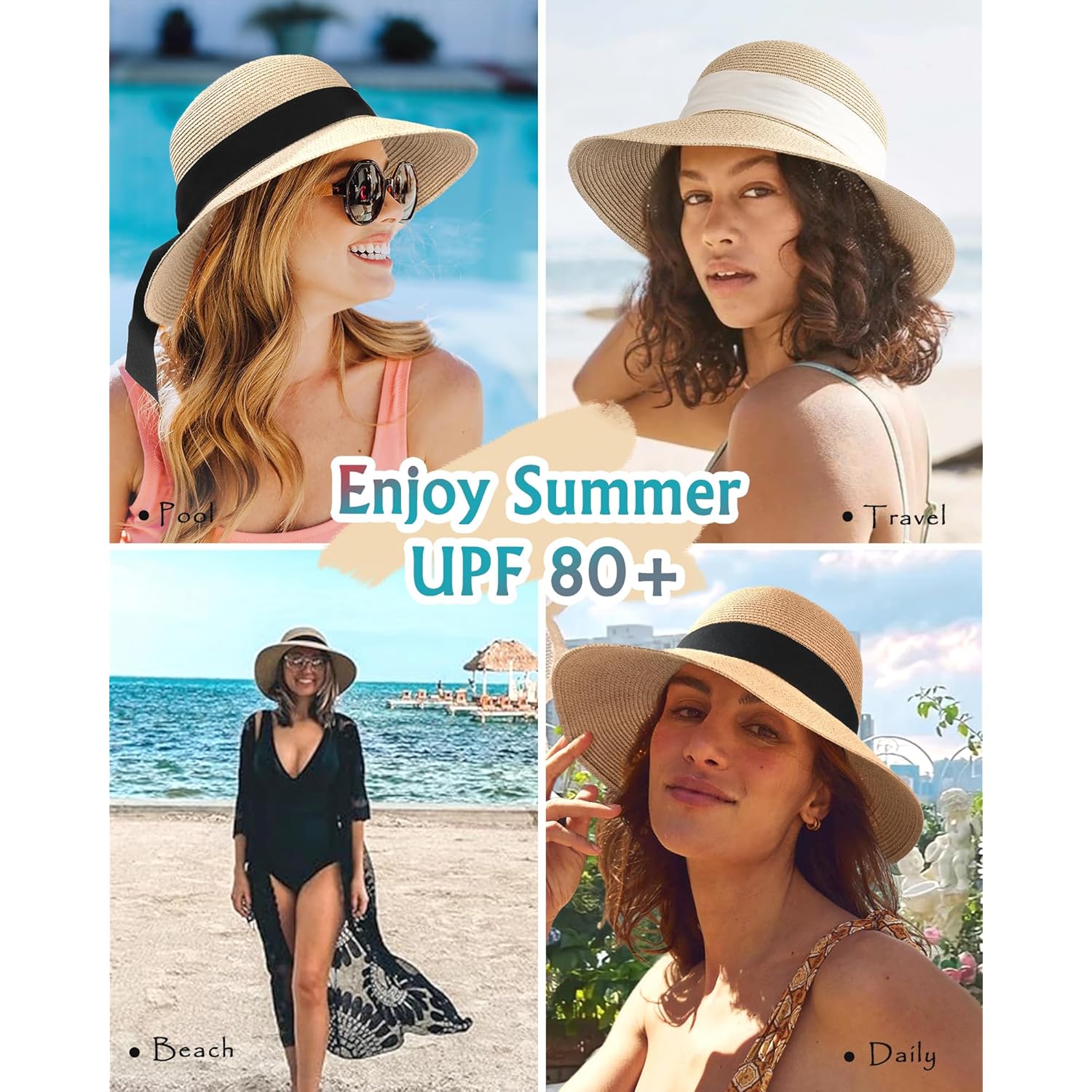 FURTALK Womens Beach Sun Straw Hat UV UPF 80+ Travel Foldable Brim Summer UV Hat