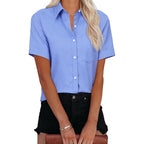 Womens Button Down Shirts Short Sleeve Summer Oxford V Neck Collared Button Up Casual Blouses Tops With Pocket