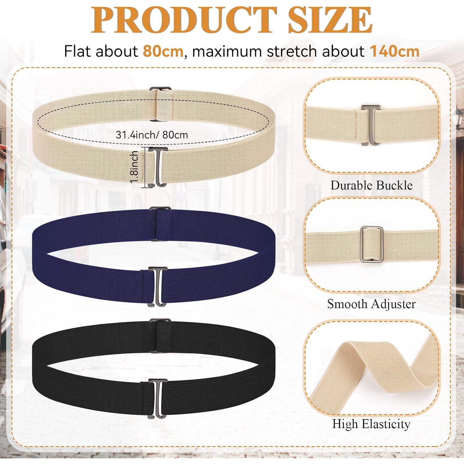 3 Pack Belts for Women, No Show Stretch Belt with Flat Buckle, Adjustable Elastic Waist Belts, Women's Belts for Jeans, Pants, Dresses, Invisible Belt Set for Women - Black, Blue, Khaki