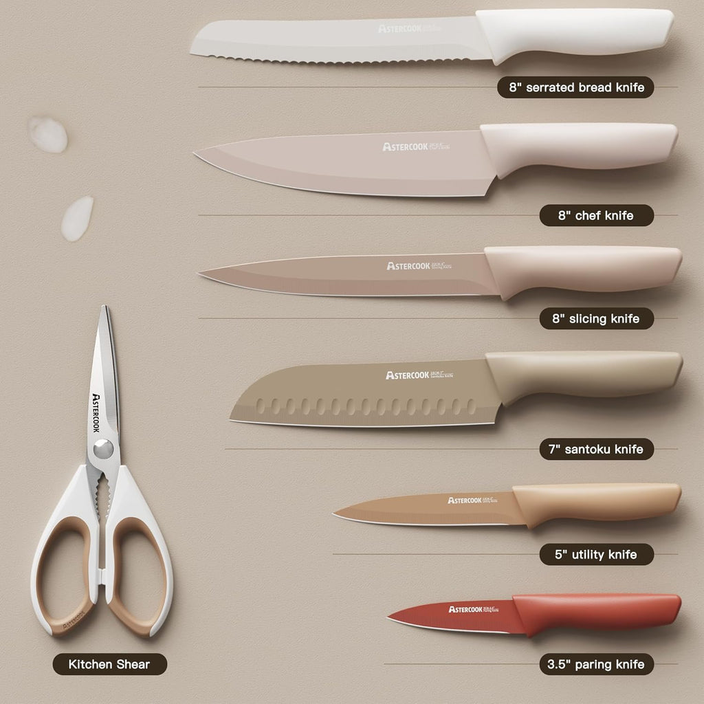 Astercook Knife Set, 13 Pieces Kitchen Knives Set with Healthy Anti-Rust Coating, Dishwasher Safe, Stainless Steel Chef Knife Sets with 6 Blade Guards, Perfect Holiday Gifts for Kitchen
