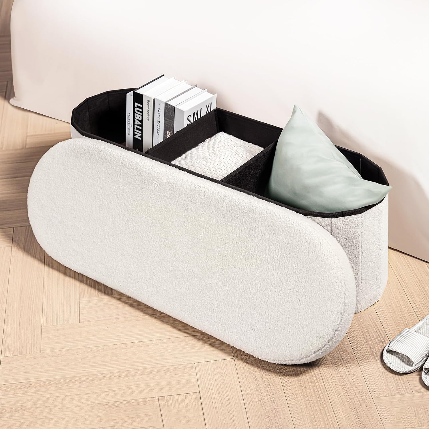 B Fsobeiialeo Ottoman With Storage For Living Room, Sherpa Folding Storage Ottoman Foot Rest, 43.3 Inches Collapsible Bedroom Bench White Cream