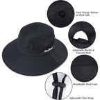 Women's Sun-Hat UV-Protection-Foldable Mesh Wide-Brim Outdoor Summer Beach Fishing Hat with Ponytail-Hole