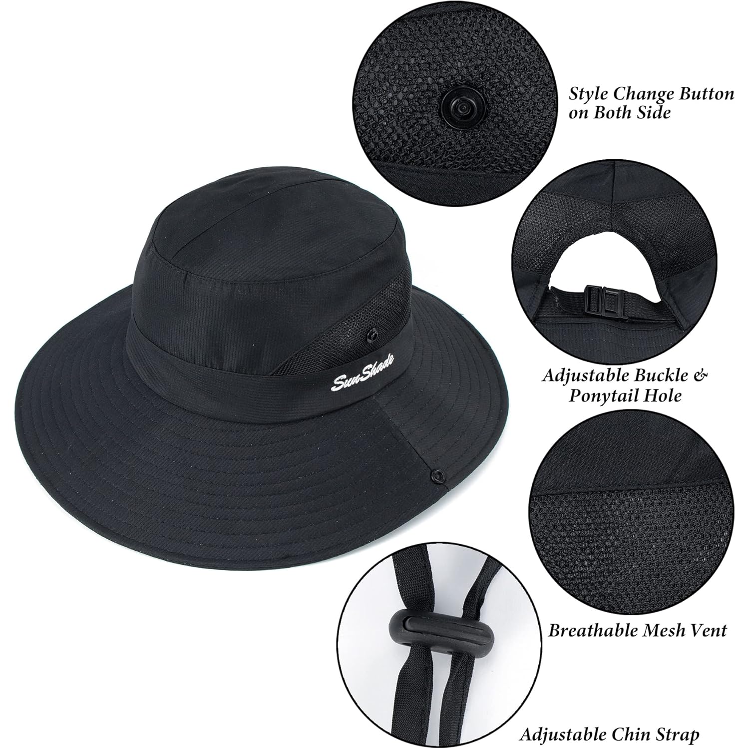 Women's Sun-Hat UV-Protection-Foldable Mesh Wide-Brim Outdoor Summer Beach Fishing Hat with Ponytail-Hole
