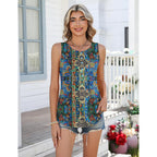 Womens Tank Tops 2026 Summer Loose Fit Crew Neck Boho Tunic Pleated Babydoll Sleeveless Shirts with Button Detail