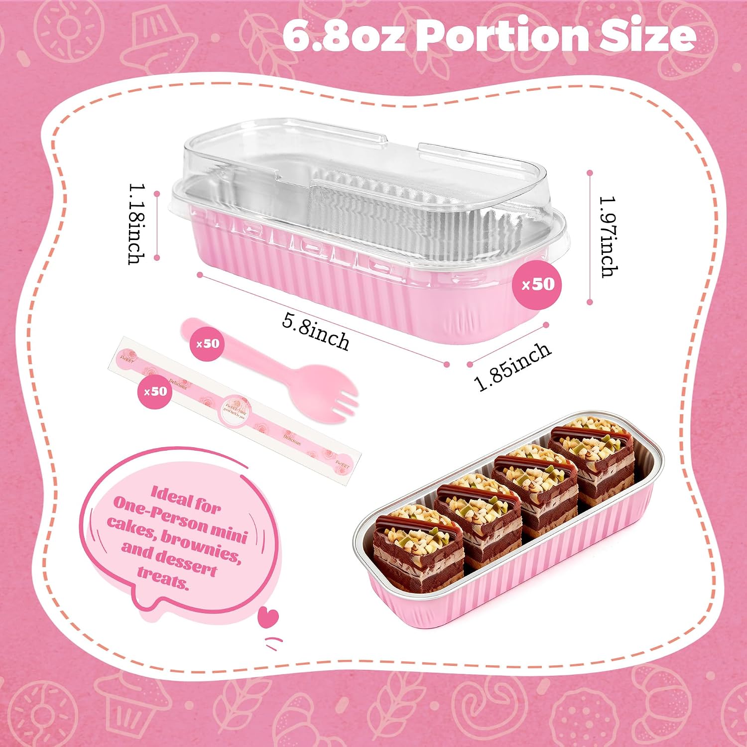 Mini Loaf Pans With Lids, 50 Pack Pink 6.8Oz For Party Favors | Fits Tartlets, Pudding Desserts, Loaf Slices And Sweet Samples; Single-Base Workflow Helps Limit Dish Handling.