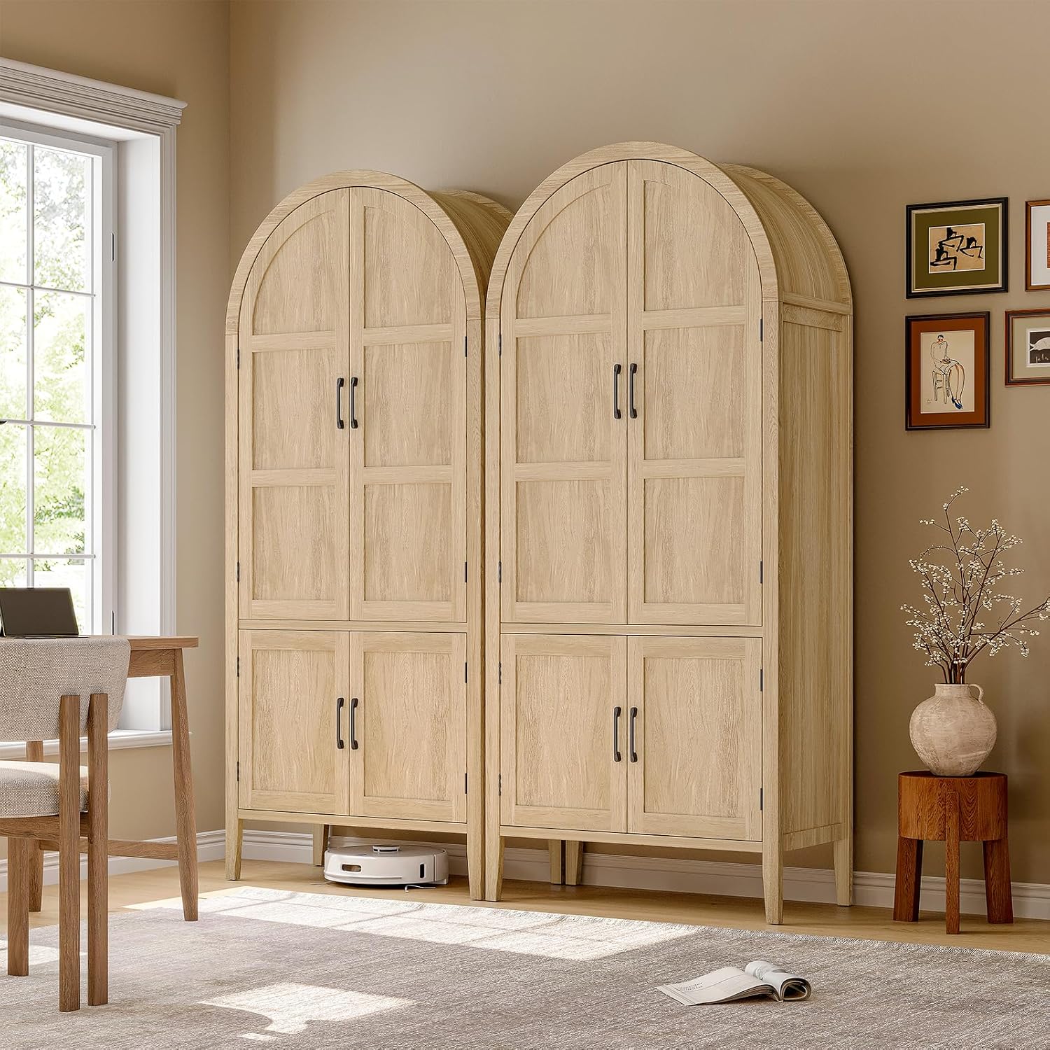 71" Tall Wooden Arched Cabinet, 5-Tier Arched Kitchen Pantry Cabinet With Doors & Shelves, Farmhouse Kitchen Arch Cabinets With Adjustable Feet, Wooden Pantry Storage For Dining Room(Oak)