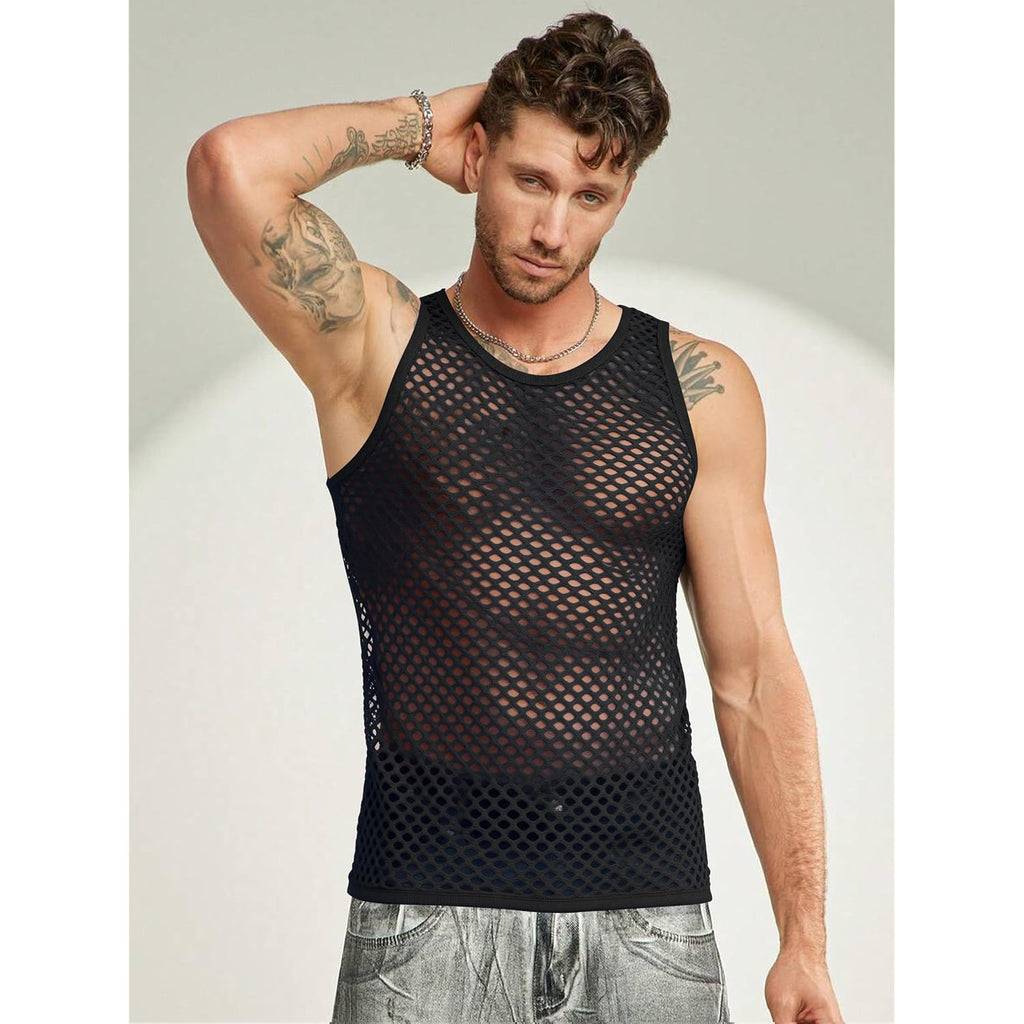 Coofandy Men Casual Tank Tops Mesh Shirt See Through Sleeveless Shirts Muscle Fishnet Fitted Tee Clubwear Summer