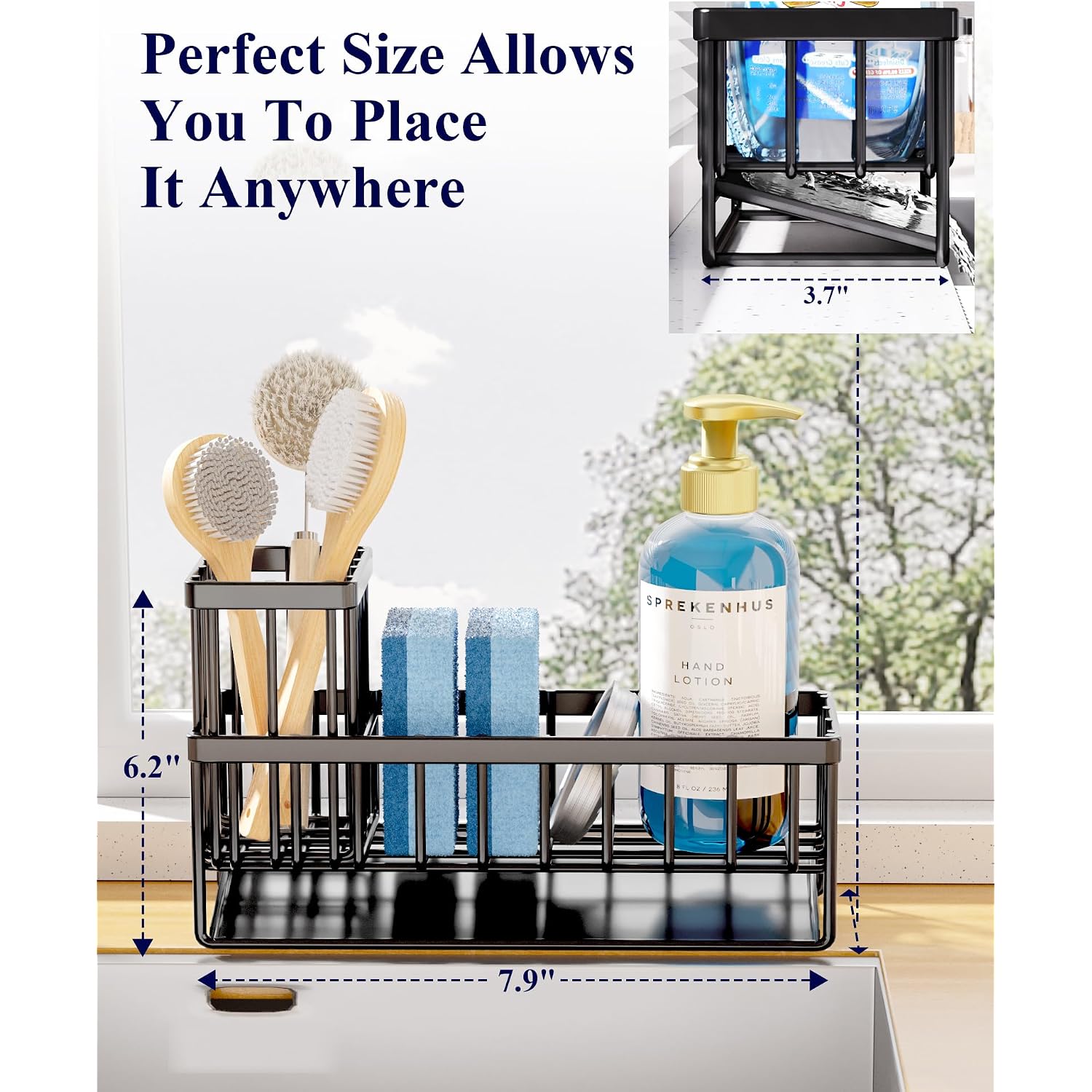 Kitsure Sponge Holder For Kitchen Sink - Rustproof Stainless Steel Sink Caddy Organization And Storage Essentials With High Brush Holder, Home Decor Accessories, 7.9" X 3.7" X 6.2", Black