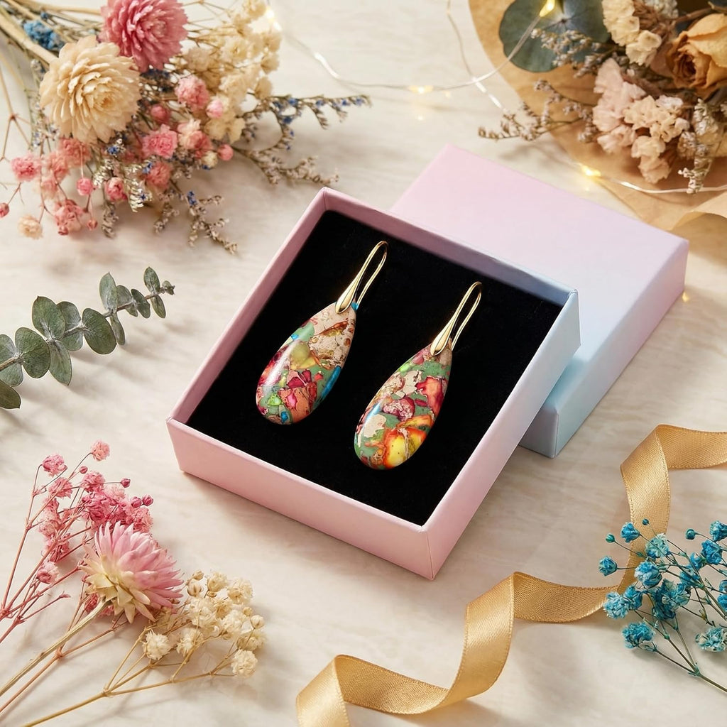 Natural Healing Crystal Teardrop Earrings for Women, Copper Hook Dangle Drop Stone Boho Jewelry, Lightweight Aesthetic Gifts Everyday Wear