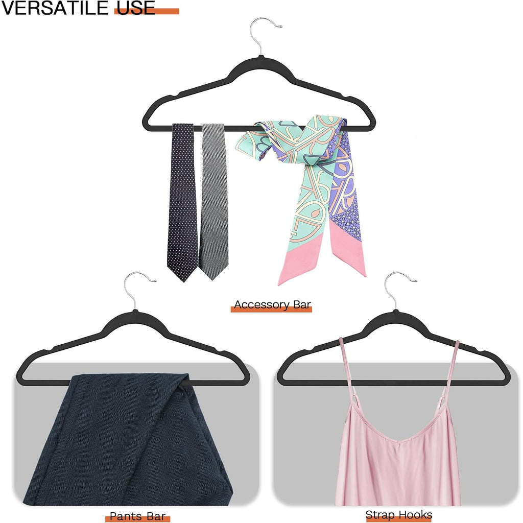 Black Velvet Hangers 60 Pack, Slim Space Saving Suit Hangers For Closet Organizer, Rotating Silver Hook, Non Slip Clothes Felt Hanger Heavy Duty For Coat,Shirt, Pants, Camisole, Dress