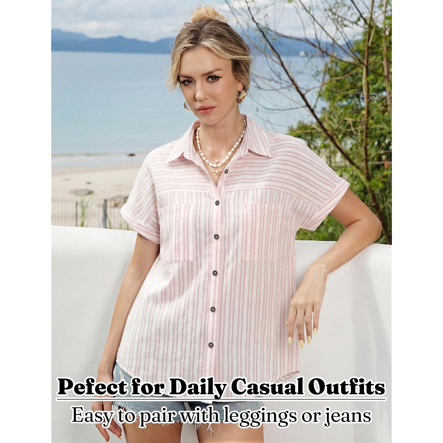 Button Down Shirt For Women Short Sleeve Blouses Dressy Casual Business Work Summer Vacation Tops Hawaii Shirts With Pockets