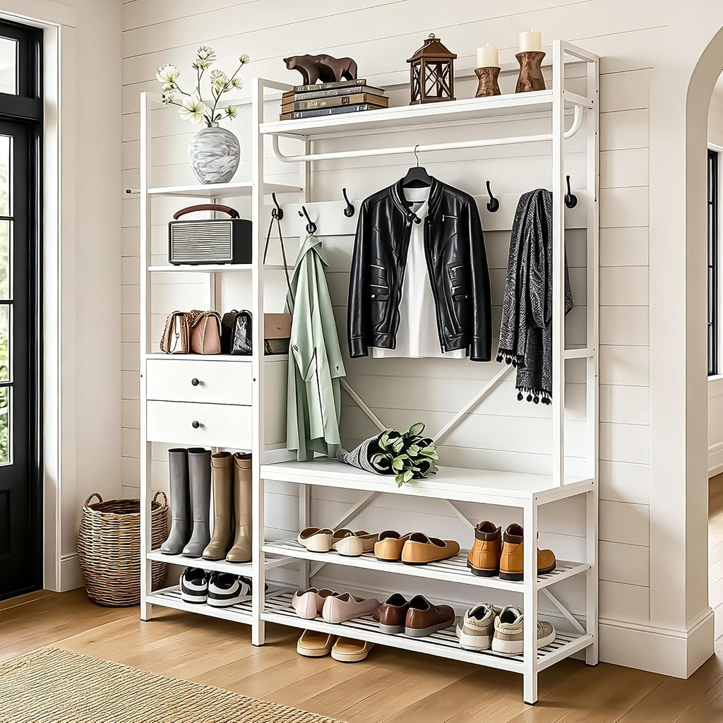 Gyfimoie 7-In-1 White Hall Tree With Bench And Shoe Storage, 55" Wide Entryway Coat Rack With Shoe Storage Shelves & Drawers, Mudroom Bench With Seating And Hooks For Hallway, Entrance