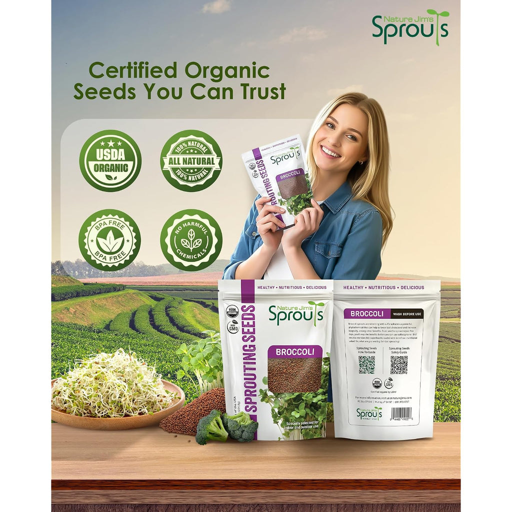 Nature Jim'S Sprout Organic Broccoli Seeds – Non-Gmo, Sprouting Seeds - 8Oz | Rich In Sulforaphane - Fast-Growing Microgreen Plants – Ideal Sprouting Seeds For Fresh & Nutritious Indoor/Outdoor Gardening
