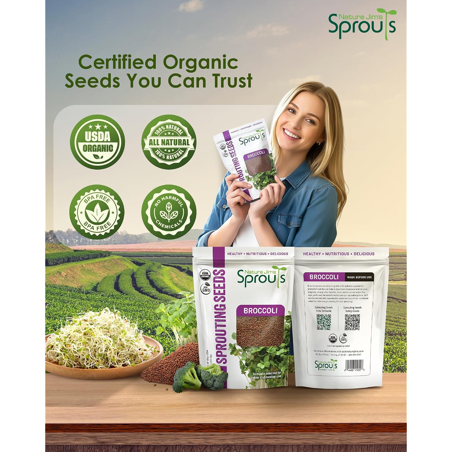 Nature Jim'S Sprout Organic Broccoli Seeds – Non-Gmo, Sprouting Seeds - 8Oz | Rich In Sulforaphane - Fast-Growing Microgreen Plants – Ideal Sprouting Seeds For Fresh & Nutritious Indoor/Outdoor Gardening
