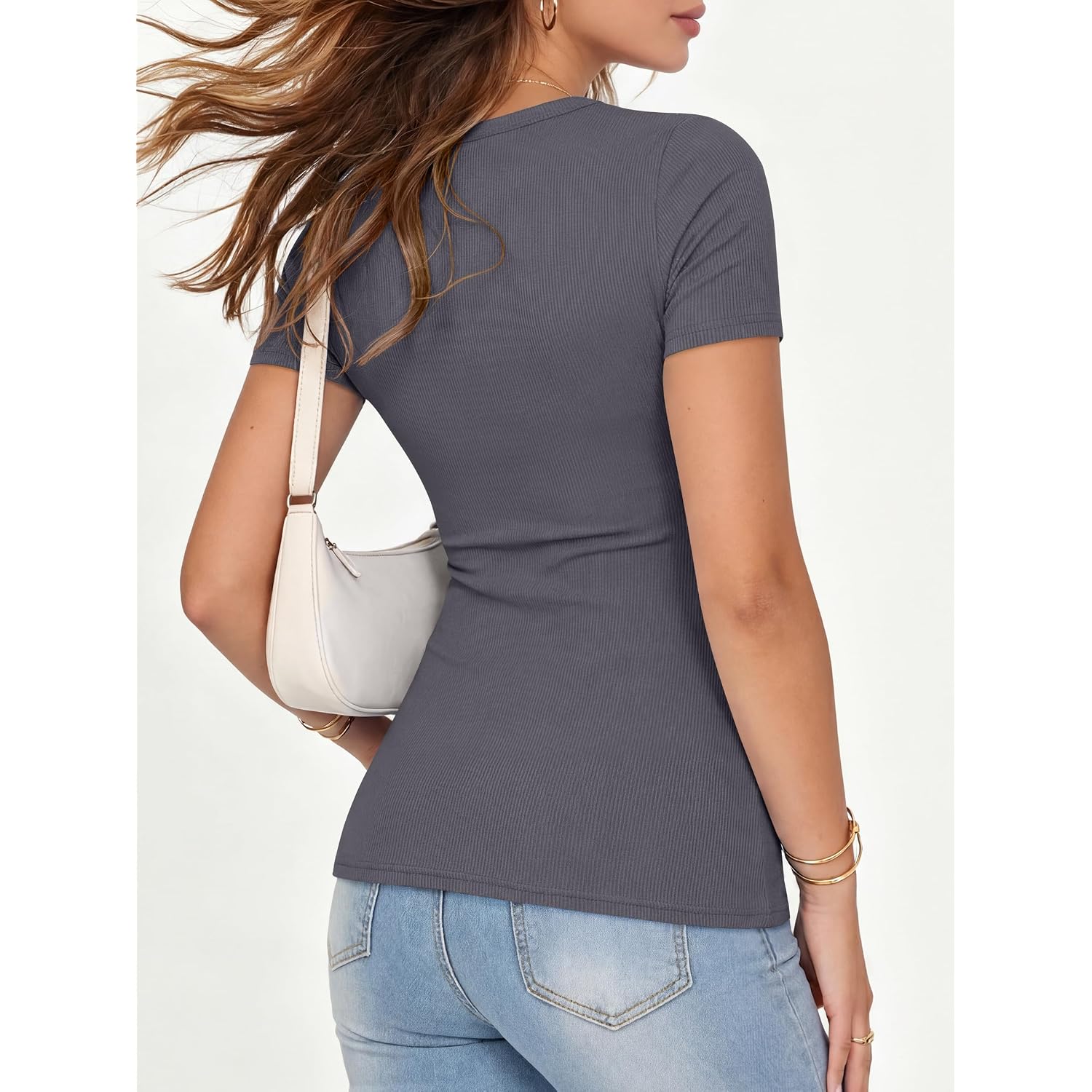 Anrabess Women Short Sleeve Crewneck Ribbed Knit Slim Fitted Shirts Summer Tops Basic Tee Casual 2026 Spring Outfits Clothes