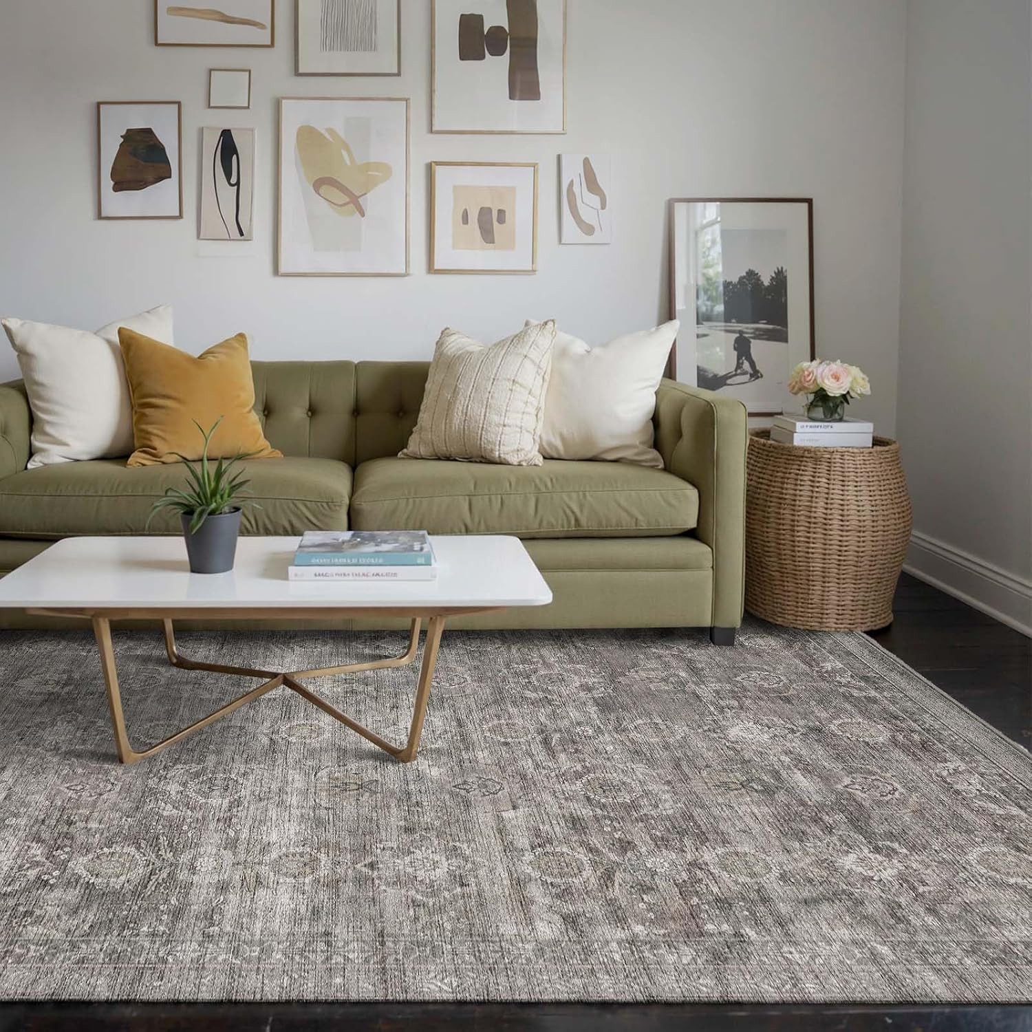 Area Rugs 5X7 For Living Room Bedroom, Grey Washable Rug, Vintage Retro Boho Rug, Non Slip & Low Pile Faux Wool Thin Carpet For Indoor Dining Room, Dorm And Kids Room(Taupe/Grey 5X7Ft)