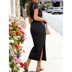Anrabess Womens Summer Maxi Dress Casual Crew Neck Tie Waist Split Wrinkle-Free Fit Long Fashion Vacation Dresses 2026 Spring